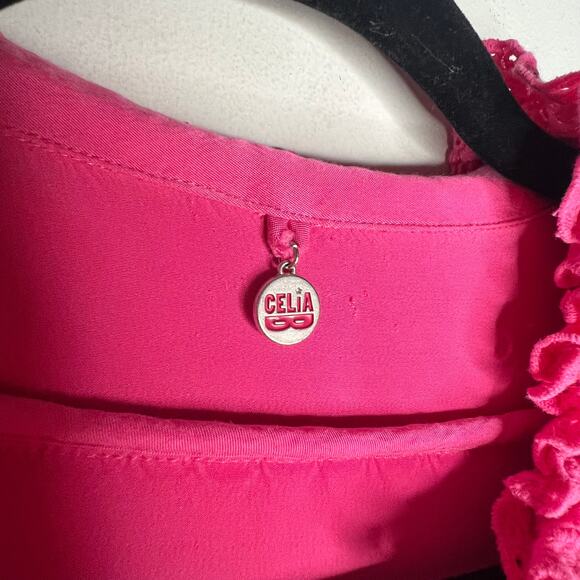 CeliaB Hot Pink Eyelet Ruffle Mini Dress Size Medium - Picture 10 of 12